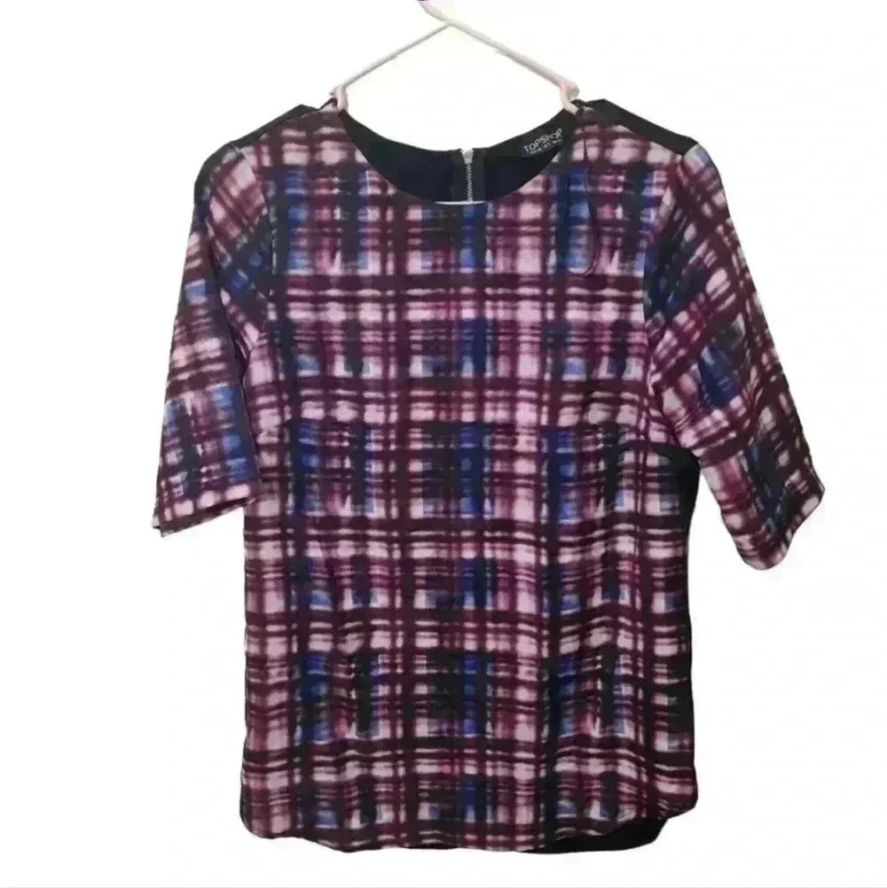276.Top shop fade plaid 3/4 sleeve exposed zipper size 6